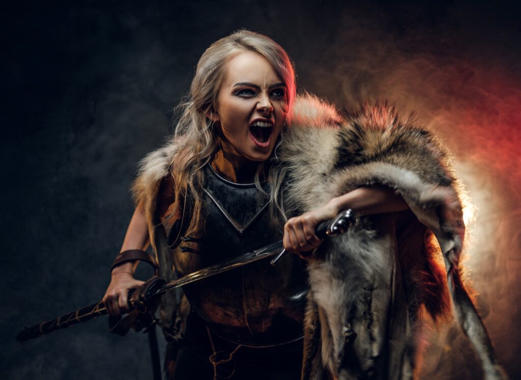 Fantasy woman knight wearing cuirass and fur